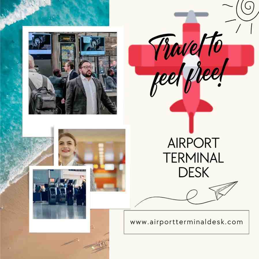 Promotional Poster Of Airport Terminal Desk with their name, logo, website, slogan 