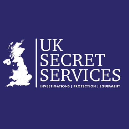 UK Secret Services logo featuring a map of the United Kingdom in white on a dark blue background, with text reading 'UK Secret Services - Investigations | Protection | Equipment.