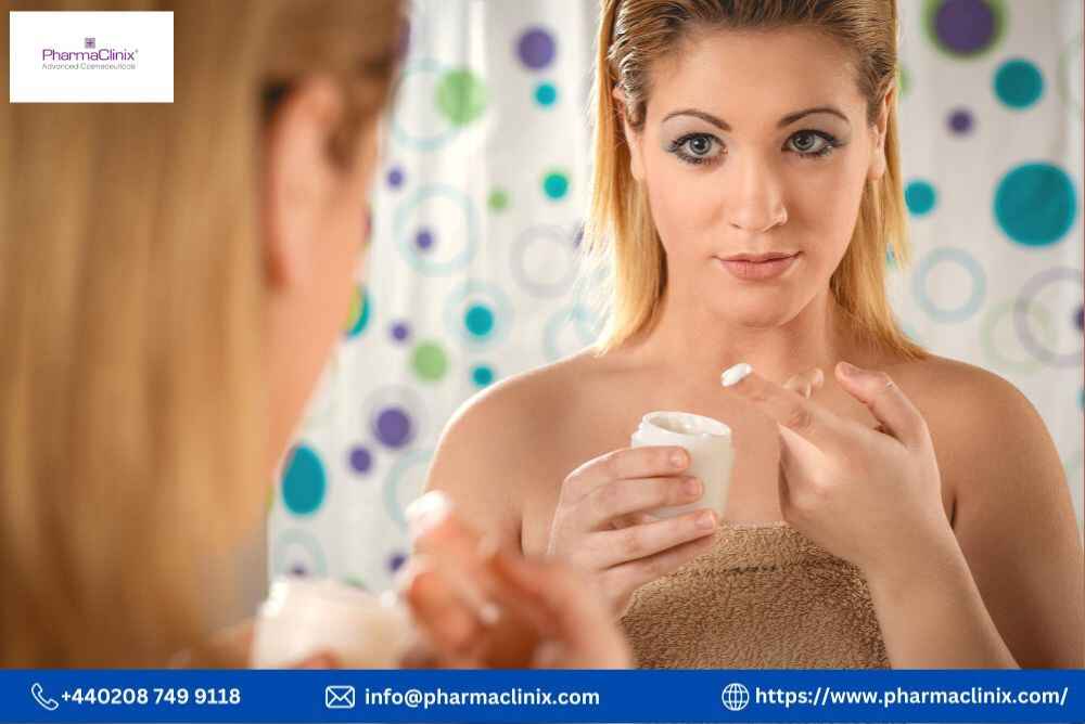 A girl applying skin brightening body cream on her face, showcasing the product's smooth texture and absorption into the skin.