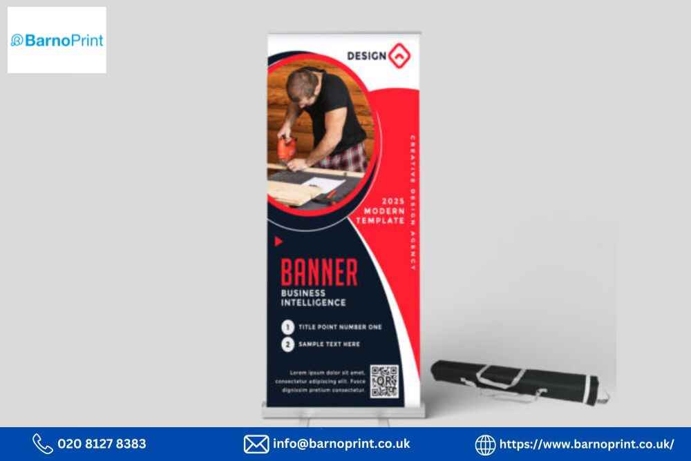 Retractable banner design template with a photo of a carpenter and key features listed.