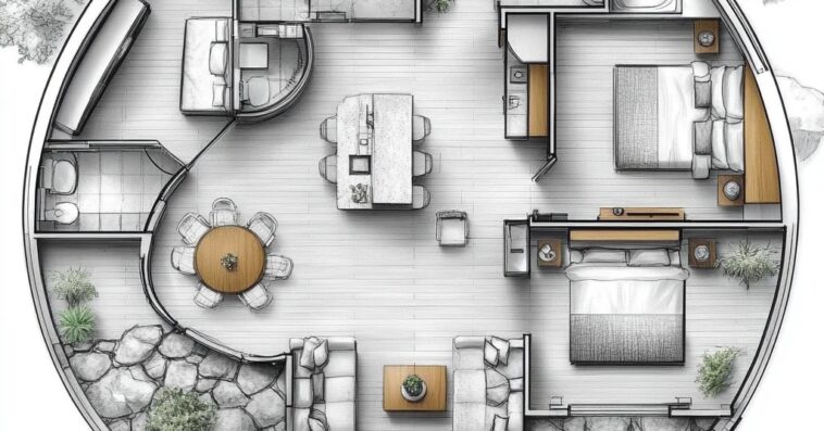 architectural floorplan for geodesic dome house