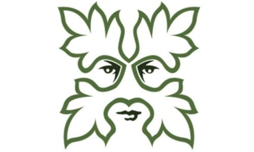 Stylized green face logo made from symmetrical leaf shapes with artistic eyes and lips – representing The Green Tanners brand.