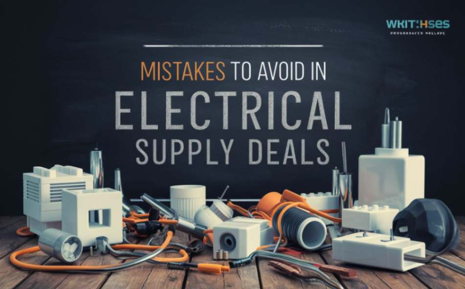 "Mistakes to Avoid in Electrical Supply Deals" title over electrical components on a wooden table.
