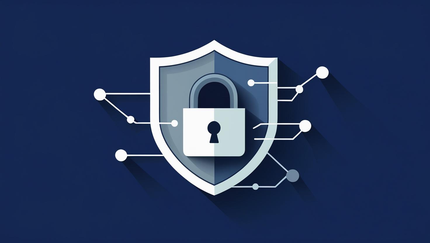A minimal flat illustration of a cybersecurity shield with a lock icon connected to network nodes on a solid blue background