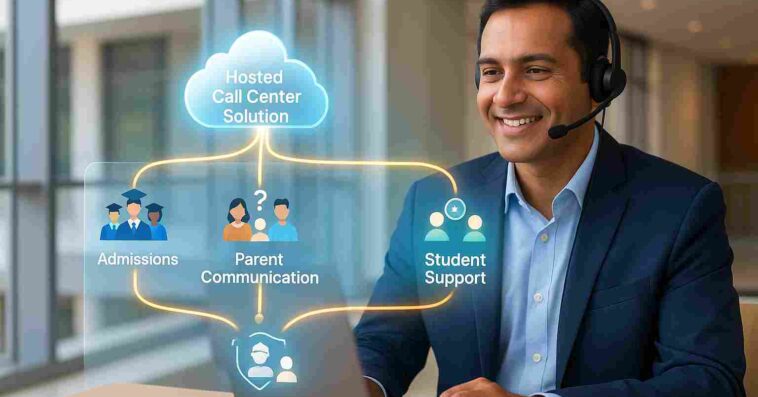 University admissions officer using a futuristic hosted call center solution interface connecting admissions, parent communication, and student support. Ask ChatGPT