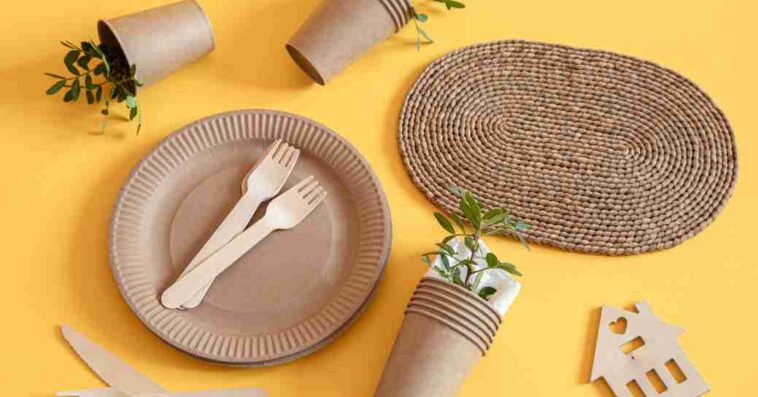 eco friendly stylish recyclable paper tableware paper food boxes plates cornstarch cutlery trending orange background 3