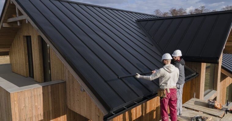 full shot roofers working together with helmets