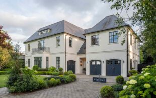 luxury minimalist home exterior with sharp gable roof white stucco decorative plants 1 1