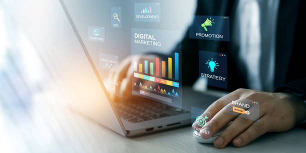 Digital marketing 2025 concept with analytics, social media, SEO, and business growth strategies illustration.