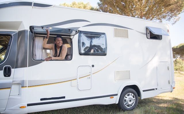 girl in camper trailer