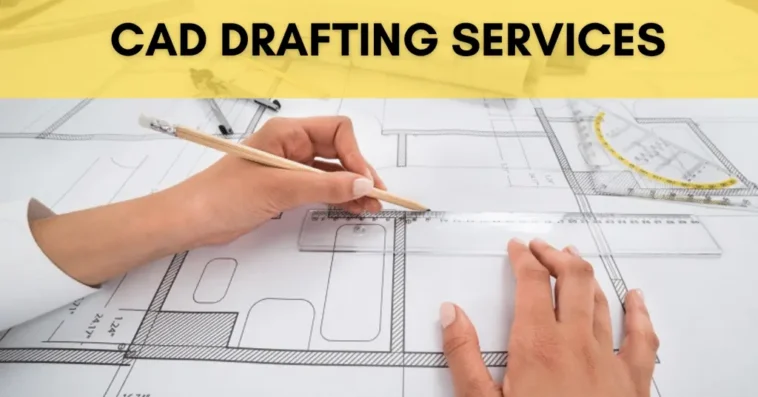 Alt Text: Person working on architectural blueprints using a pencil and ruler, representing CAD Drafting Services.
