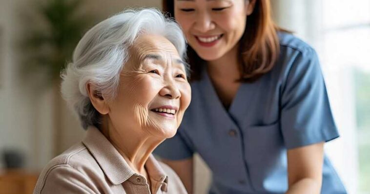 Caregiver assisting elderly woman in a Singapore home