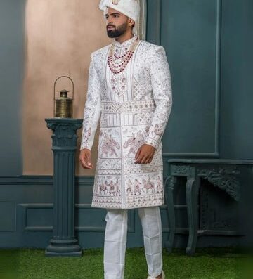 Men s Sherwani in Silk Off White