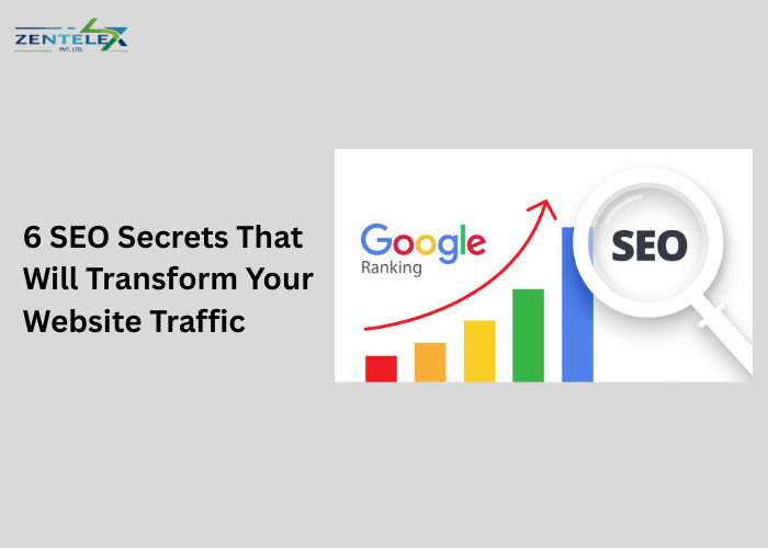 6 SEO Secrets That Will Transform Your Website Traffic 1 6 SEO secrets to increase website traffic – Google ranking growth chart with magnifying glass highlighting SEO